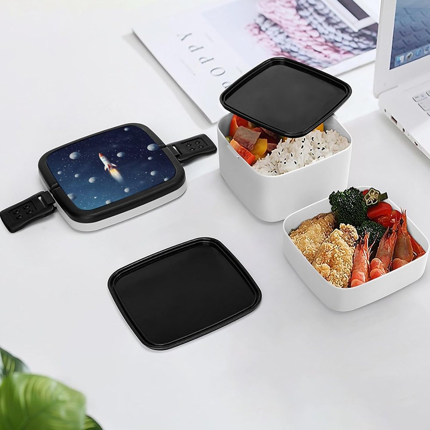MUSM Rocket in Space Bento Box，Airtight Leak-resistant And Reusable Lunch Box，Portable Stackable 2 Compartment Lunch Container for Adult Work And Travel