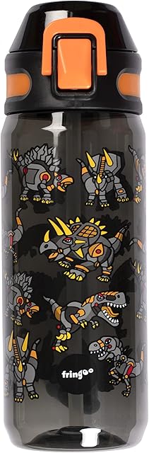 Fringoo - Dinosaur Robot - Kids Water Bottle with Straw - BPA Free Water Bottles - Black Straw Water Bottle - Reusable Water Bottle - 600 ml / 20 Oz