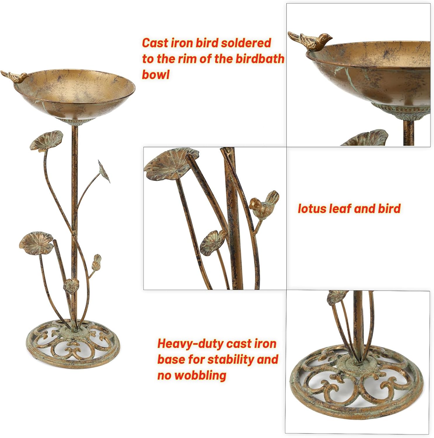 Diam 11.4" W x 28.5" H Cast Iron Pedestal Bird Bath, Bird Baths for Outdoors,Vintage Metal Bird Bath Garden Yard Decoration - Image 5