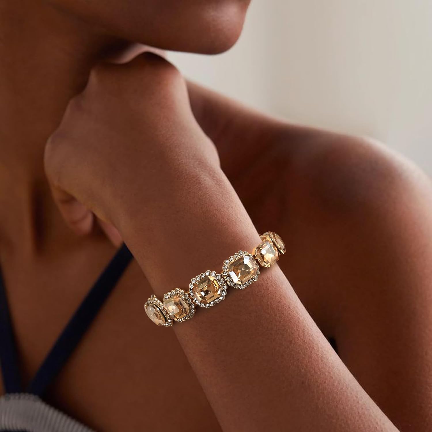 BriLove Women's Wedding Bridal Multi Emerald Cut Crystal Open Bangle Stretch Bracelet - Image 2