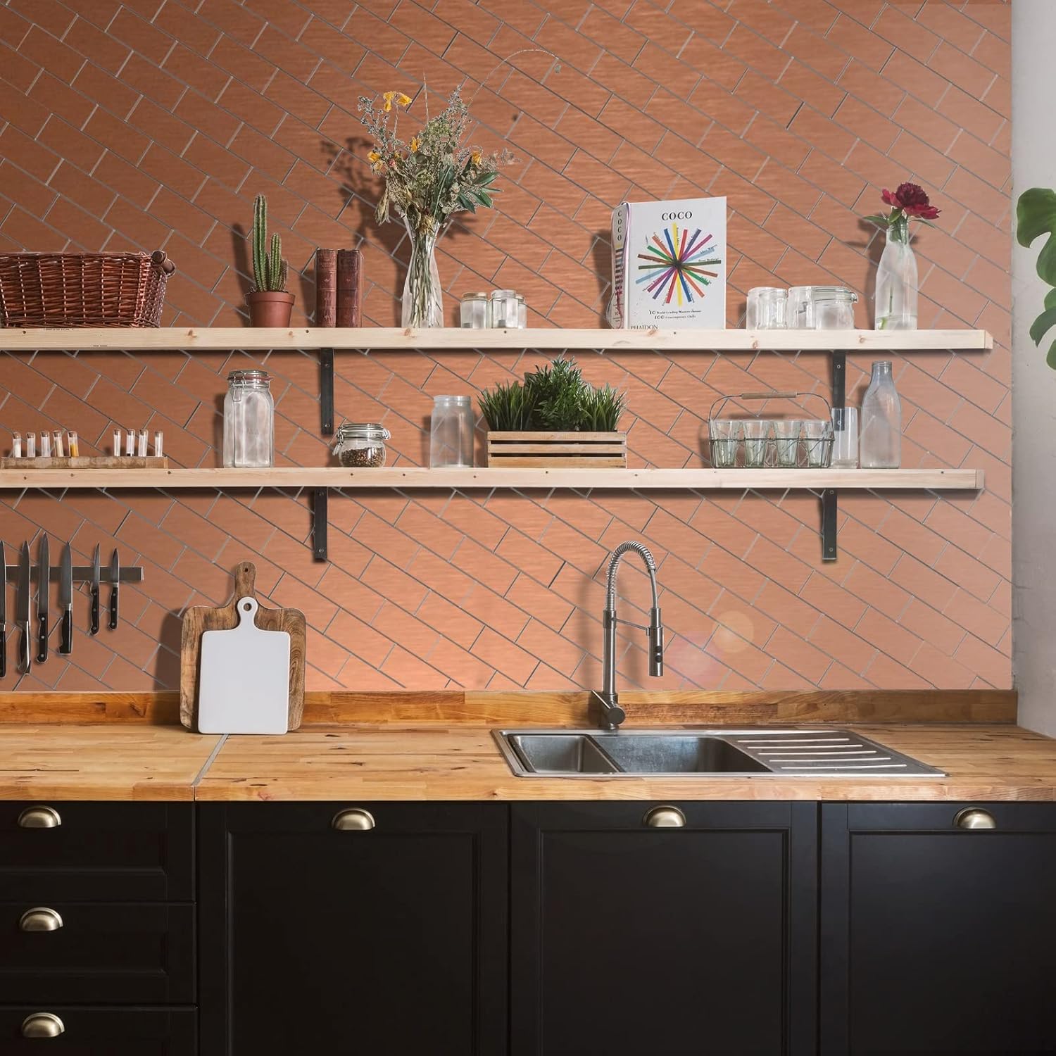 Aluminum Peel and Stick Backsplash Panels - 3"x6" Brushed Copper Kitchen Wall Decor, 80-Pack (Copper Color)