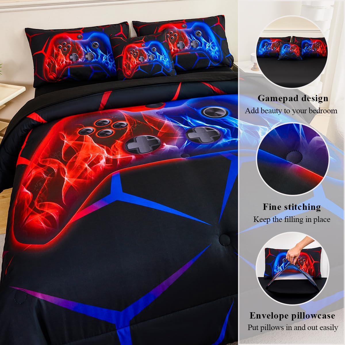 6 Pieces Red and Blue Gamer Comforter Set for Boys Kids Full Bedding Sets Video Game Controller Bed Set Modern Gaming Gamepad Bed in A Bag with Sheets(Red Blue, Full) - Image 5