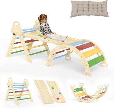 Pikler Triangle Set 7in1 Toddler Climbing Toys Indoor Foldable Baby Climbing Toys Wooden Montessori Climbing Set with Arch, Ramp, Ladder for 1-3 Years, Jungle Gym for Kids