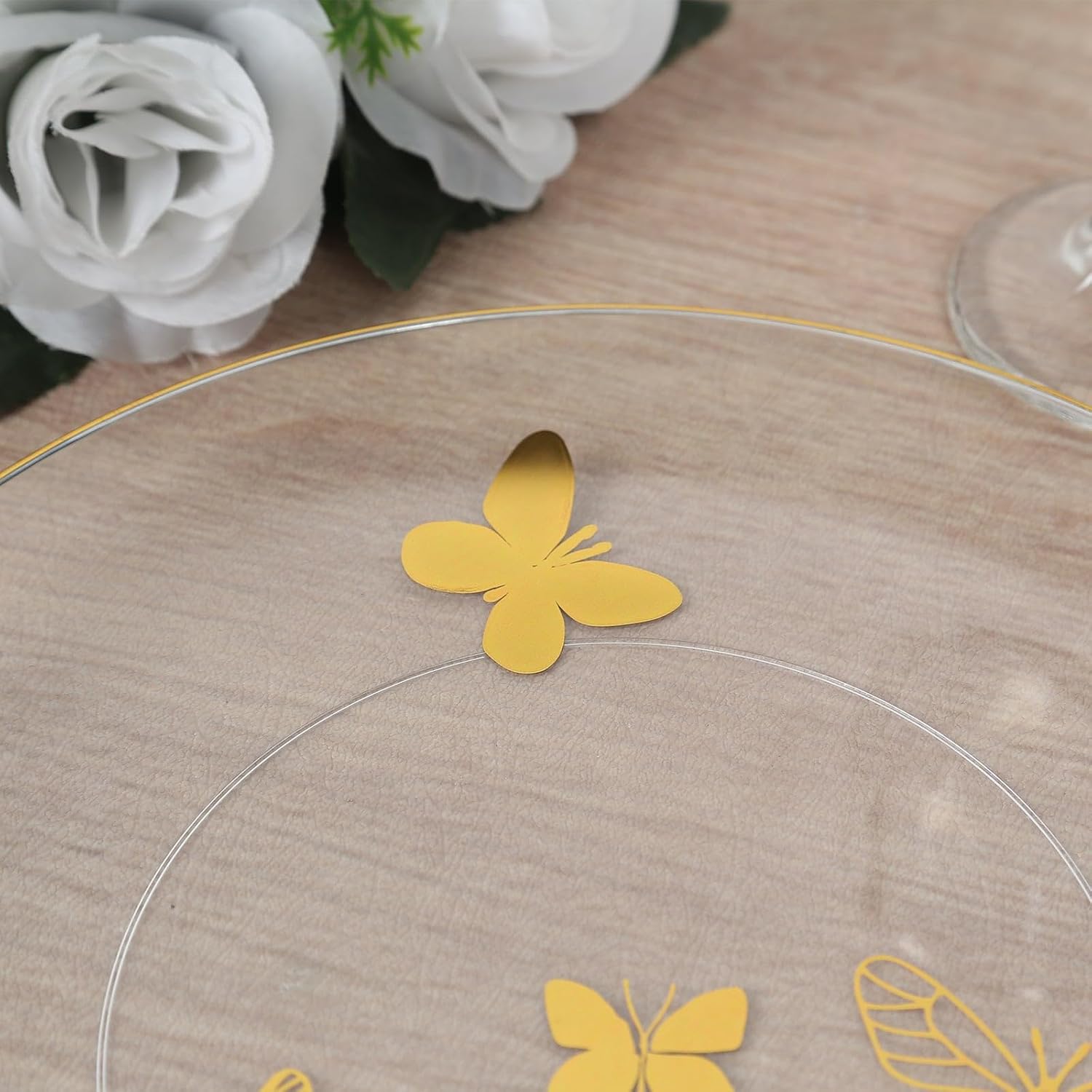 Efavormart 20 Pack Clear & Gold Butterfly Plastic Plates with Gold Rim, Combo Set: Dinner 10" & Salad 7" for Baby Shower & Party