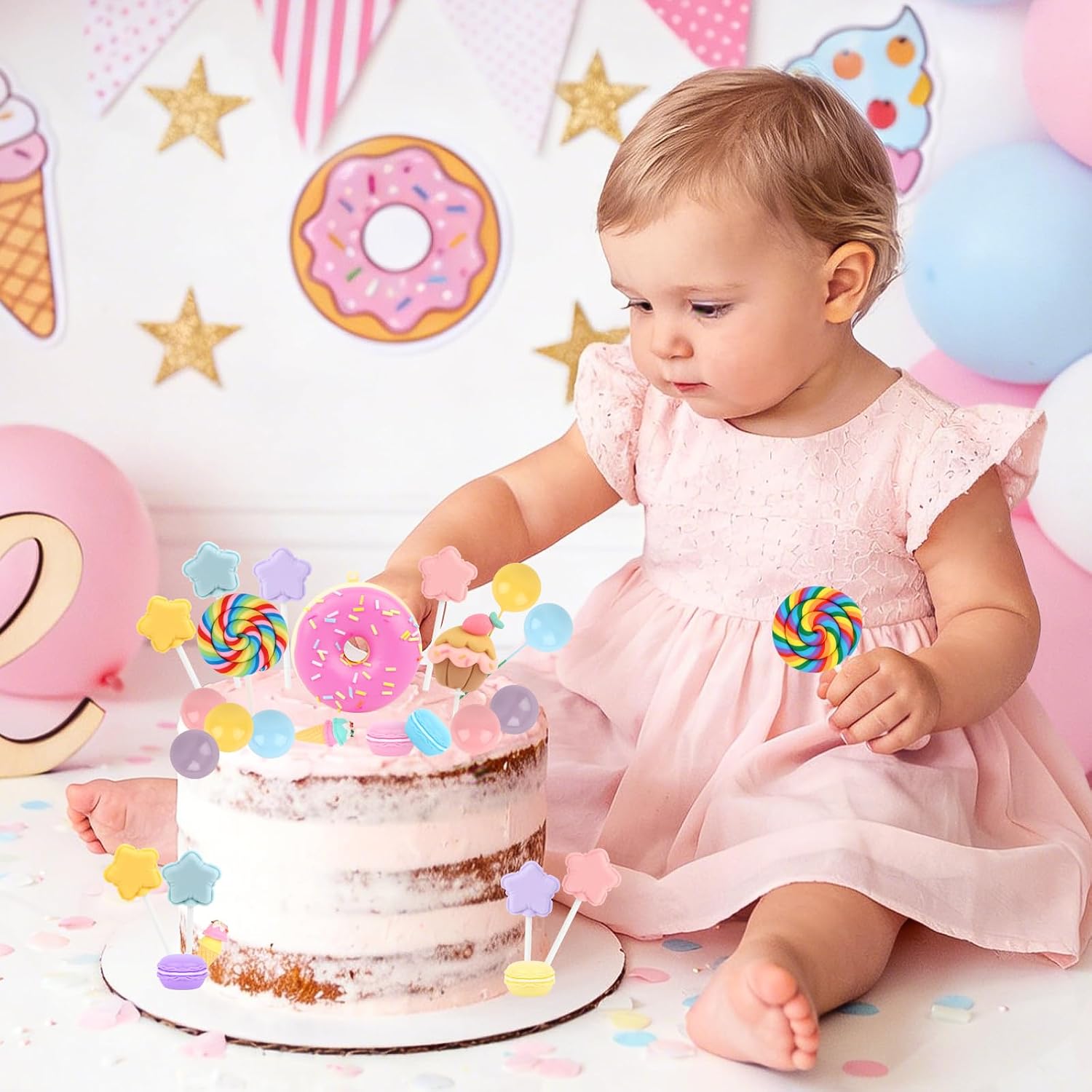 Hooqict 26Pcs Candy Cake Decorations Set with Ice Cream Lollipop Donut Candyland Cake Toppers & Cupcake Toppers for Kids Girls Candy Themed Party Decorations Sweet Candyland Birthday Party Supplies
