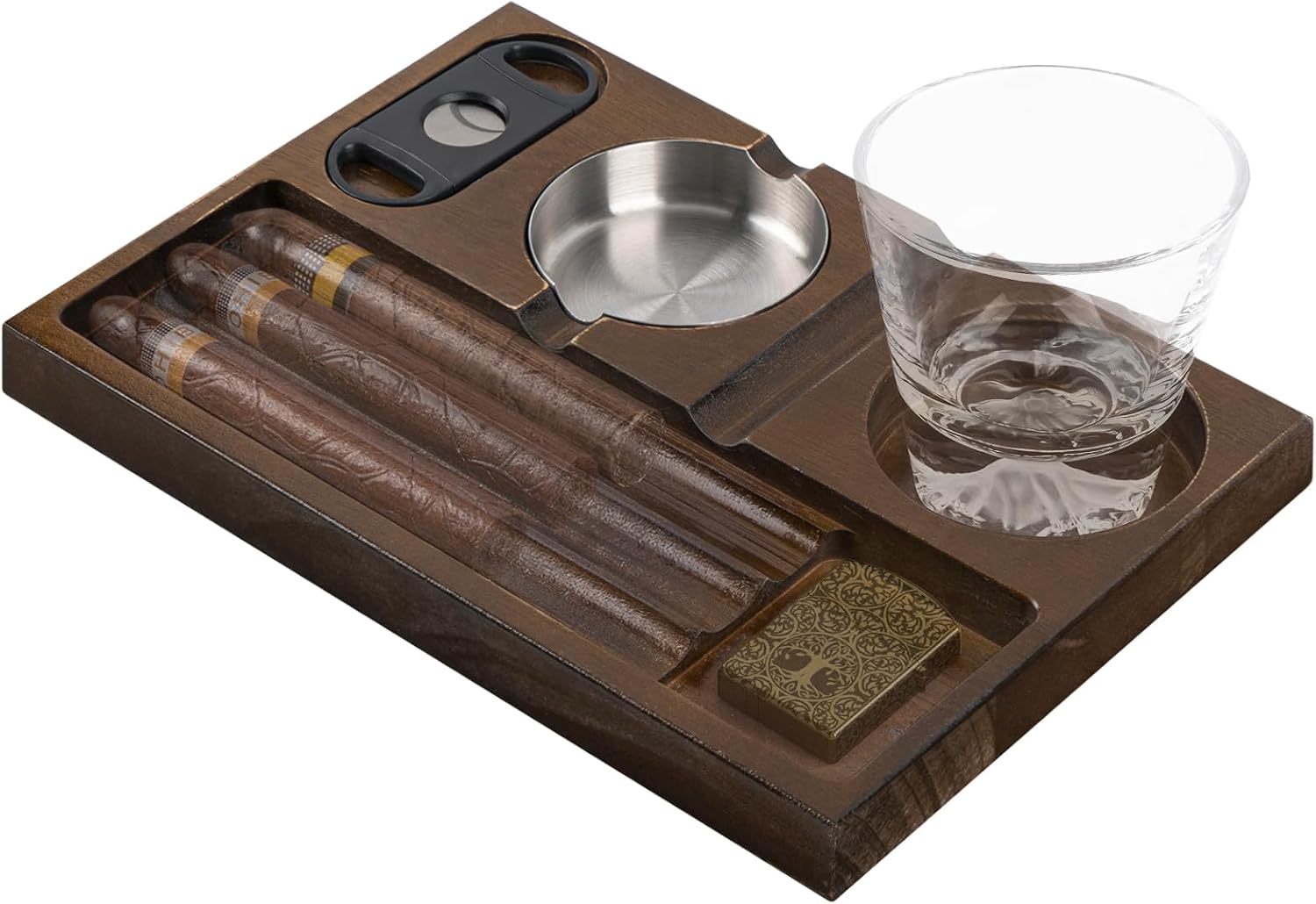 Linkidea Large Cigar Storage Holder Set with Cutter & Ashtray, Wooden Whiskey Glass Tray Organizer, Luxury Smoking Accessories Gift for Dad, Husband (Brown)