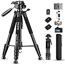 75" Camera Tripod, Aluminum Heavy Duty Camera Stand for ipad Phone, Travel Tripod with/Carry Bag/Phone Tablet Holder, Compatible with Canon Nikon Sony DSLR, Spotting Scopes, Max Load 15 Lb(Black)