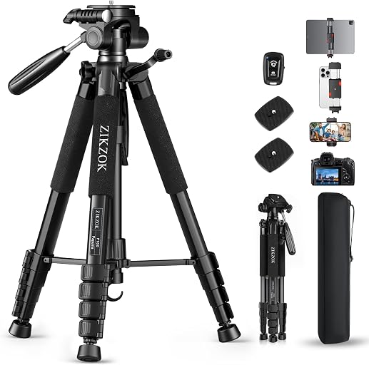 75" Camera Tripod, Aluminum Heavy Duty Camera Stand for ipad Phone, Travel Tripod with/Carry Bag/Phone Tablet Holder, Compatible with Canon Nikon Sony DSLR, Spotting Scopes, Max Load 15 Lb(Black)