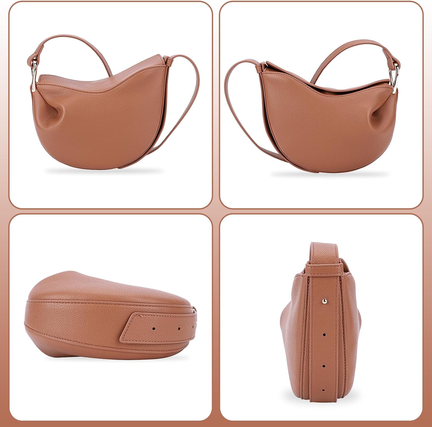 Women Brown PU Leather Satchel Dumpling Bag, 240.00*170.00*70.00mm/9.45*6.69*2.76inch, Solid Color, Adjustable Shoulder Strap