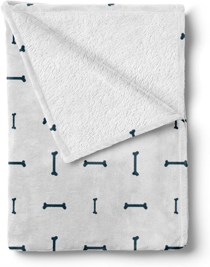 Lunarable Dog Bone Throw Blanket, Cartoon Food for Dog Treat Pattern with Silhouette Zigzag Background, Flannel Fleece Accent Piece Soft Couch Cover for Adults, 70" x 90", Blue White