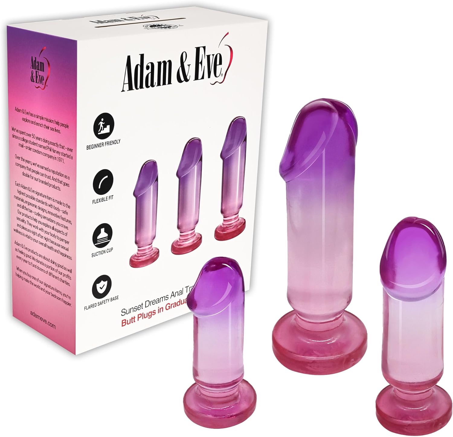 Adam & Eve Sunset Dreams Anal Trainer Kit, 3 Graduated Butt Plugs for Beginner to Advanced, Realistic Tip for Easy Entry, Flexible TPE, Flared Base with Suction Cup, Sunset Dreams Ombre Color