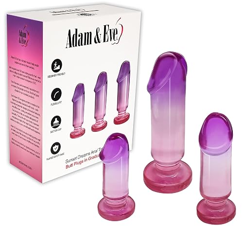 Adam & Eve Sunset Dreams Anal Trainer Kit, 3 Graduated Butt Plugs for Beginner to Advanced, Realistic Tip for Easy Entry, Flexible TPE, Flared Base with Suction Cup, Sunset Dreams Ombre Color