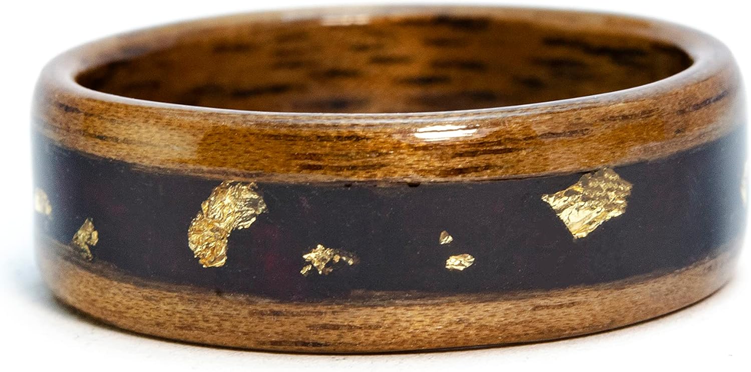 Wooden Engagement Ring with Black Orchid and 24K Gold. 5 Year Anniversary. Wedding Band.