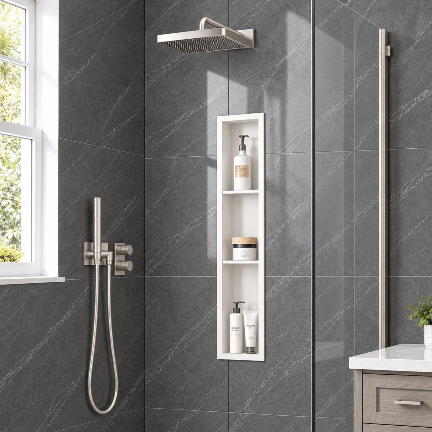36 x 6 Inch Stainless Steel Shower Niche, No Tile Needed Wall Niche with 3- Tier Shelves, Recessed Wall Niche Insert for Bathroom Shower Kitchen Storage, Matte White