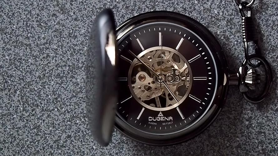 Dugena Orologio Da Tasca Uomo A Carica Manuale, Cassa In Metallo Nero 51 Mm, Quadrante Scheletrato Con Catena, Modello 4460978
