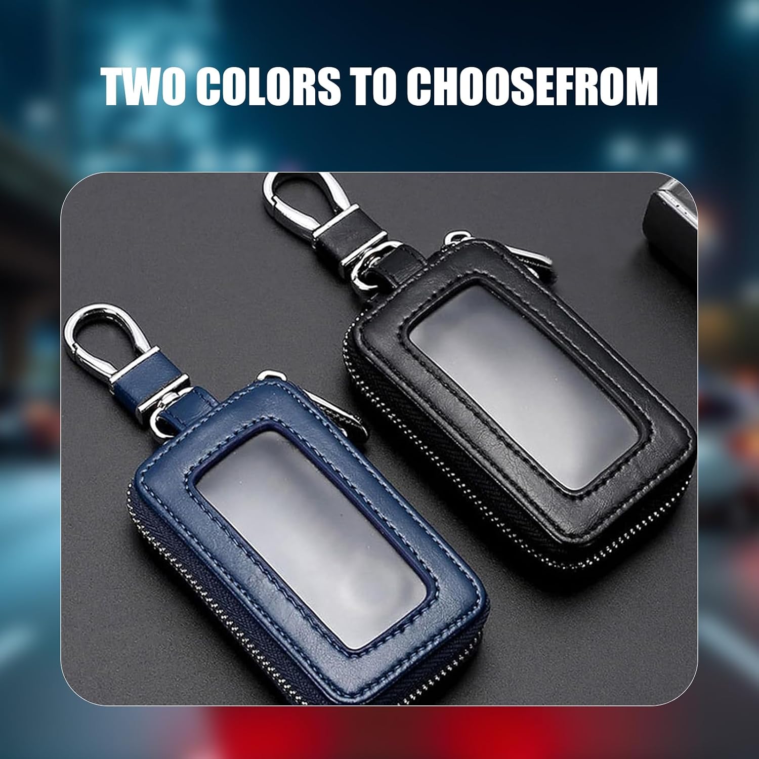 Car Key Fob Case, Clear Window Key Protector, Leather Storage Bag with Rotatable Keychain, for Cars (Black)
