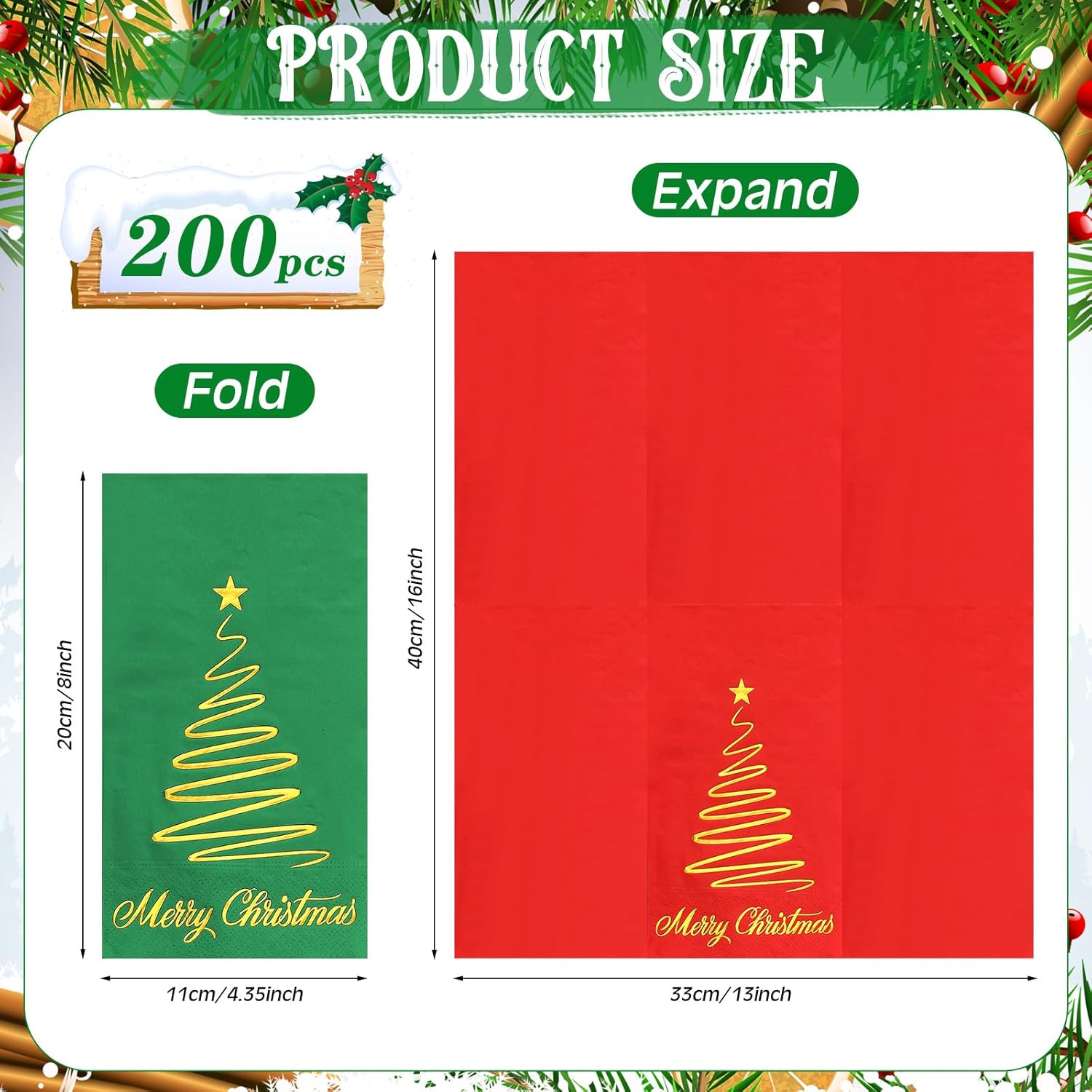 Fullhawl 200 Pcs Christmas Guest Napkins Gold Foil Red Green Merry Christmas Paper Napkins Bathroom Disposable Hand Towels for Xmas Winter Party Supplies Bathroom Kitchen Decor