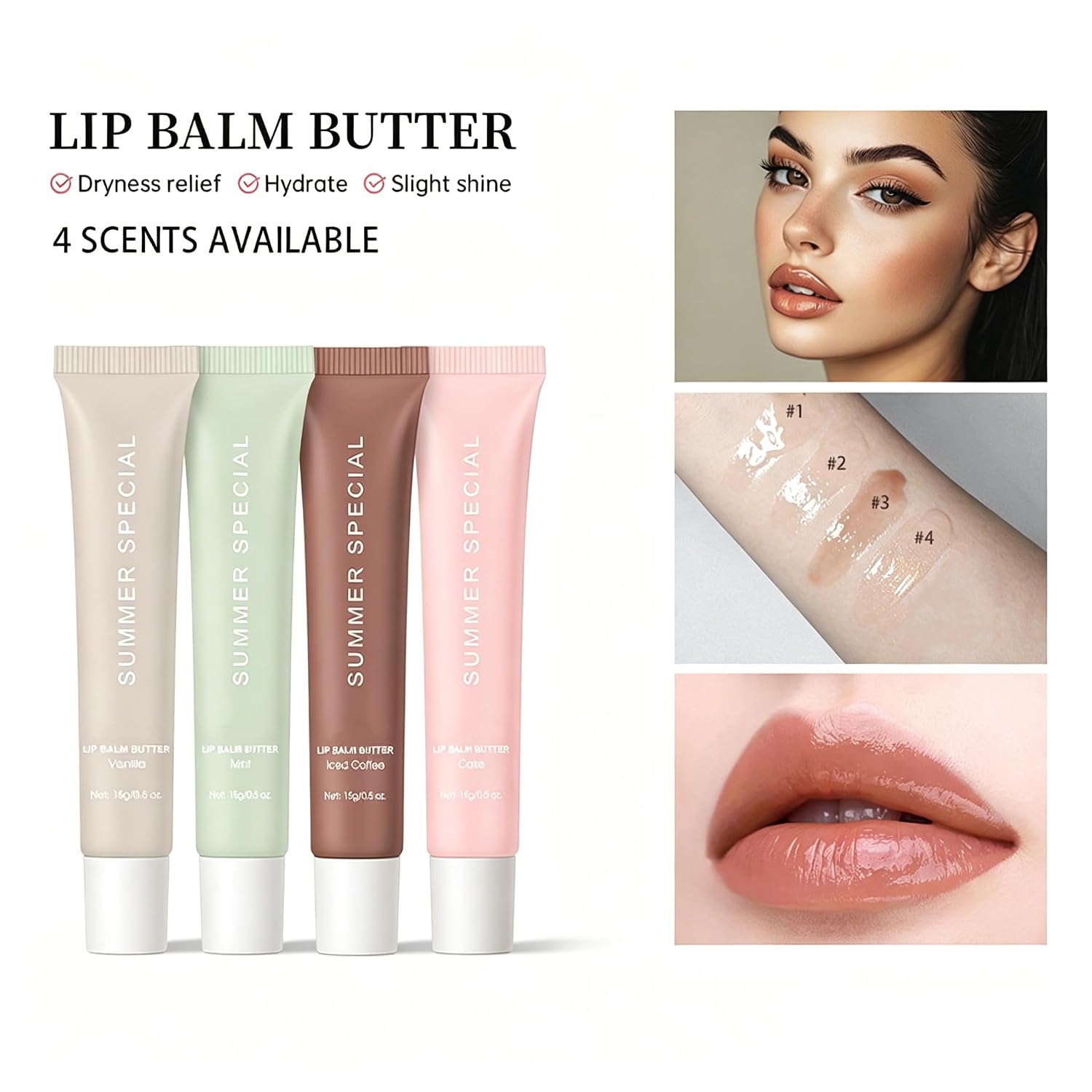 4 Color Summer Special Lip Balm Butter Set，Women's Lip Gloss Containing Shea Butter and Olive Oil， Instant Hydrating Non-Sticky Lip Balm，Long-Lasting Moisturizing and Soothing Dry Lips image 3