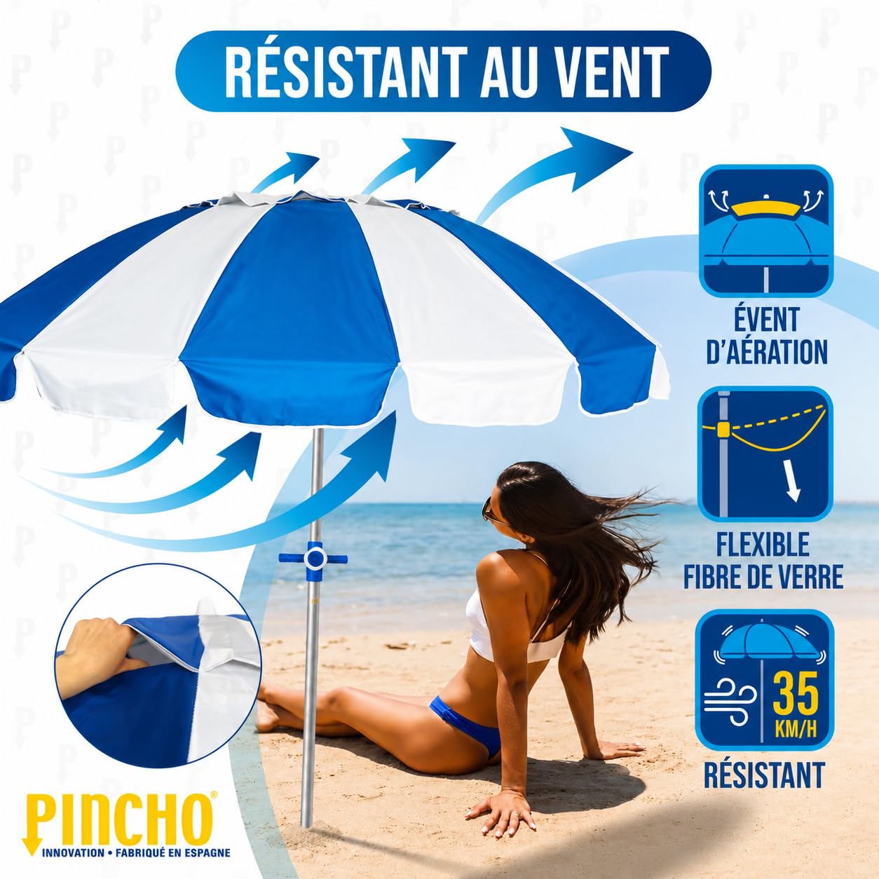 PINCHO Parasol Plage Anti UV 240 cm Inclinable avec Sac de Transport, Toile Oxford, Aluminium Léger, 16 Baleines Fibre de Verre, Piquet d’Ancrage, Fenêtre de Ventilation, Protection Solaire UV50