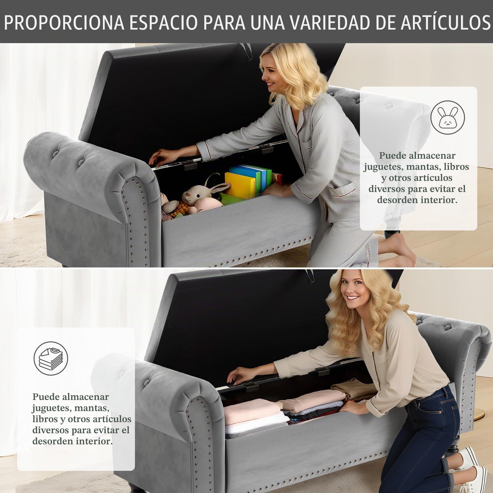 Clevich Banco con Almacenaje 133cm, Terciopelo Baul Almacenaje Dormitorio con Varilla de Elevación, Estilo de Francés, Extremo de la Cama con Tapa, Patas de Madera Maciza (Gris Claro)