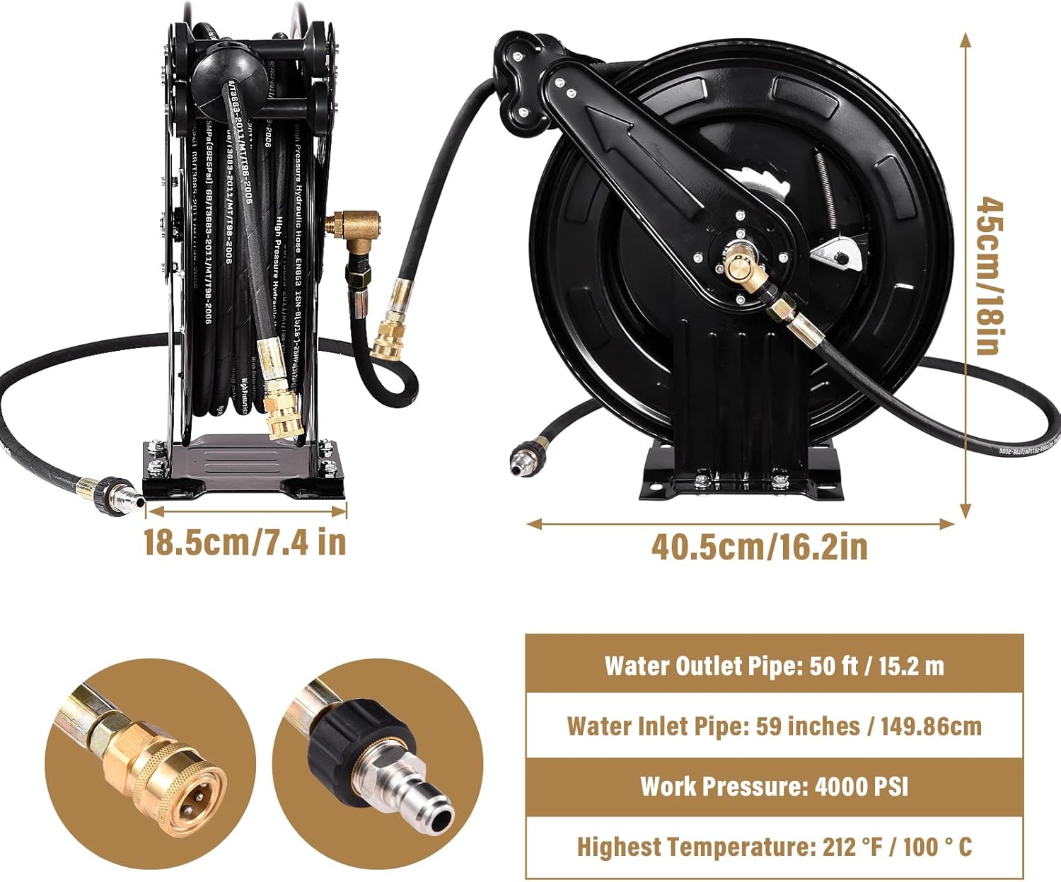 Retractable Pressure Washer Hose Reel, Pressure Washer Hose Reel, Retractable Air Hose Reel, Double Arm 3/8 In X 59 Ft Heavy Duty Steel Power Washer Hose Reel Twin Arm, 4000 PSI