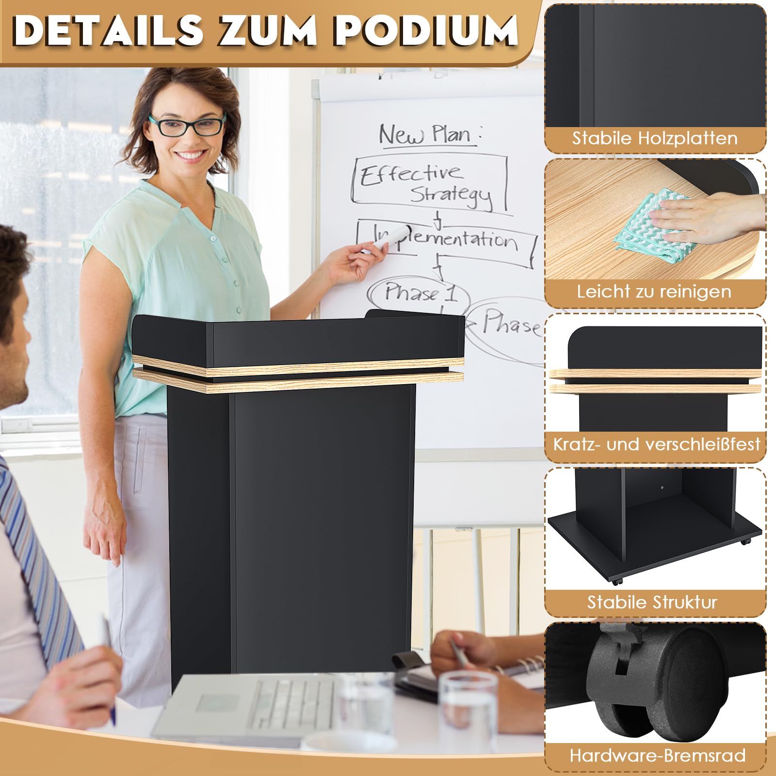 Holz-Podium, Holzpodium mit Ausziehbarer Schublade & Rädern, Premium hohes Massivholz Kanzel Rednerpult mit Doppellagiges Ablagefach, Rednerpult for Kirche, Vortrag, Schul, Seminar (110x46x 60cm)