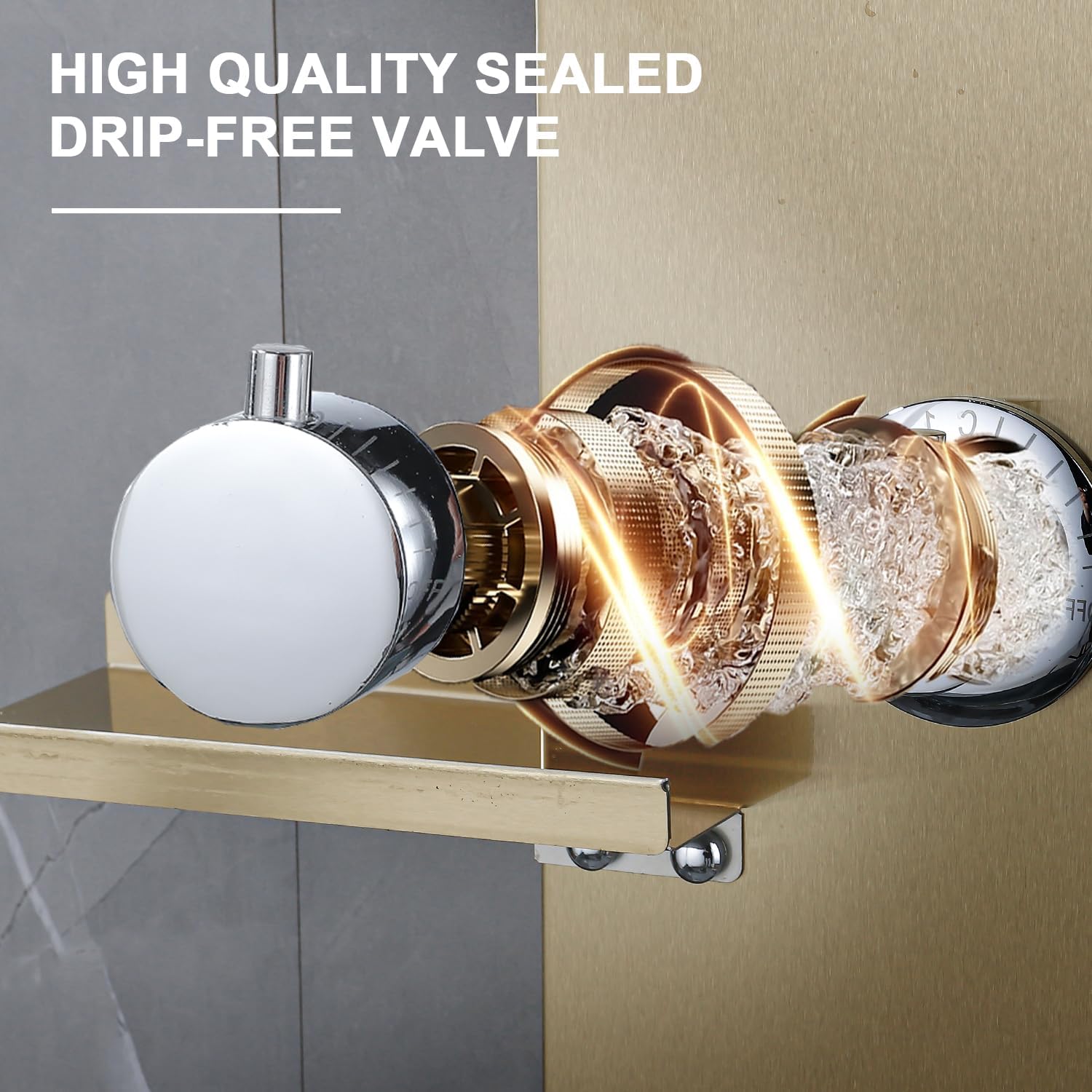 LED Shower Panels Tower System, LCD Temperature Display with Shelf, 304 Stainless Steel System with Rainfall Shower Head with Handheld Massage Body Jets Waterfall Bathtub, Brushed Gold