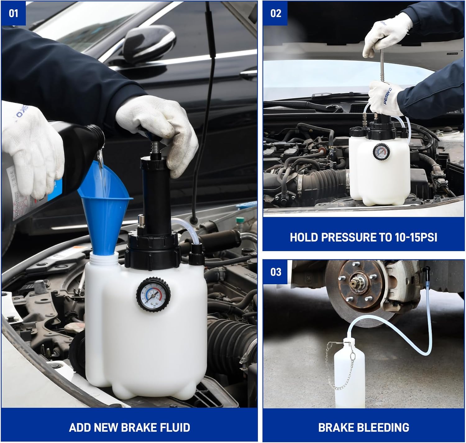3L Brake Bleeder Kit with Pressure Pump, Brake Fluid Bleeder Kit with 1L Brake Bleeder Bottle and 4 Master Cylinder Adapters for European and American Vehicle