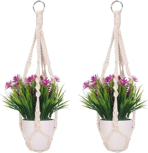 2 Pack Macrame Plant Hangers, Cotton Rope Woven Indoor Outdoor hanging plant holder Wall Hanging Planter Ceiling plants for Flower Pot, Hanging Plants Holder for Yard Garden Home Decoration, 50 cm