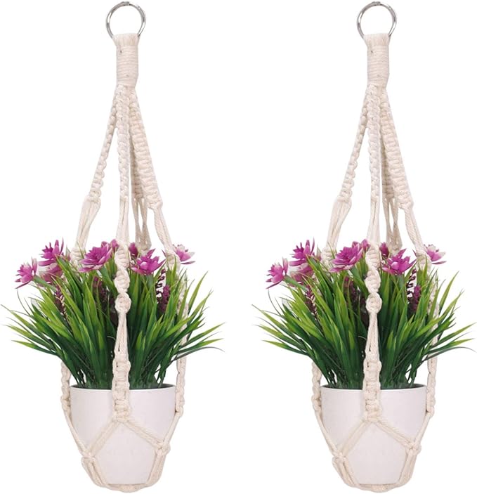 2 Pack Macrame Plant Hangers, Hand-woven Cotton Rope, Indoor Outdoor Use, Bohemi