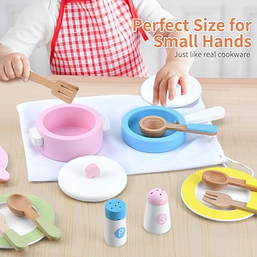 Miniatura 4 de WHOHOLL Juego de platos de cocina y juego de madera, juguetes de cocina Montessori para niñas y niños, accesorios de cocina para niños de 1 a 5