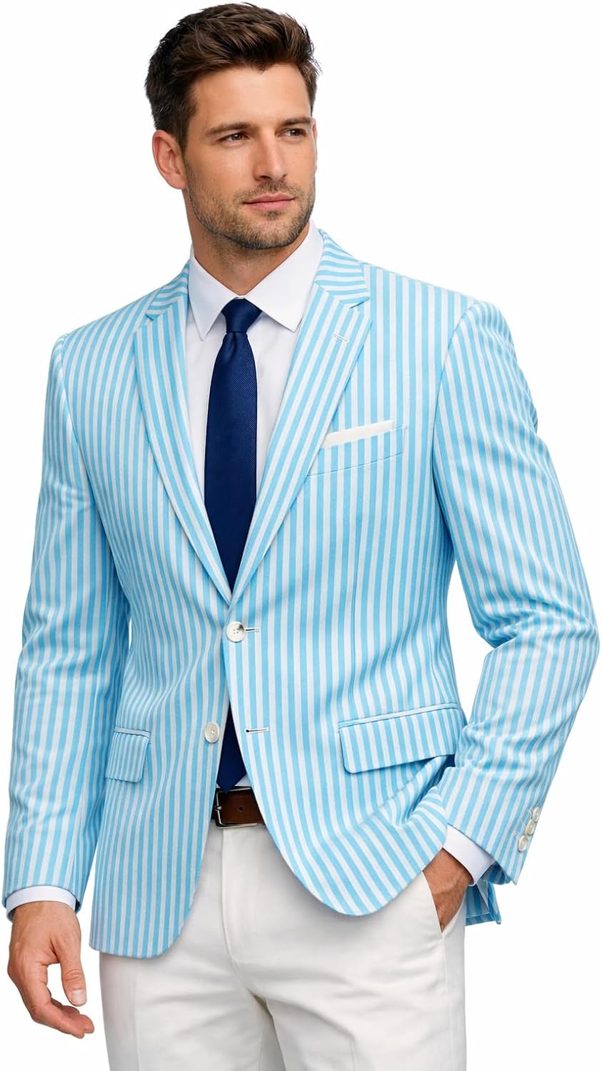 Men's Seersucker Pinstripe Blazer Lightweight Notch Lapel Slim Fit Business Suit Jacket