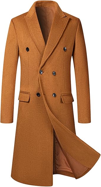 Sexyshine Mens Full Length Wool Trench Coat Notched Lapel Double Breasted Long Overcoat Windbreaker Pea Coat Jacket