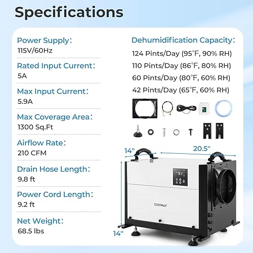 Miniatura 7 de COSTWAY Deshumidificador comercial de 124 PPD, deshumidificador de espacio de rastreo de 1300 pies cuadrados con manguera de drenaje de 9.8 pies y