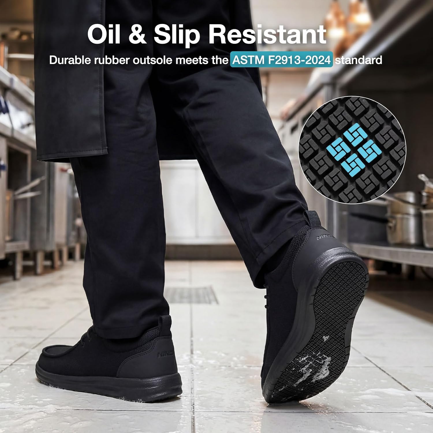 NINGO Non Slip Work Shoes for Men, Waterproof Slip Resistant Kitchen Chef Shoes Moc Toe, Lightweight Comfortable Slip On Loafers Zapatos Trabajo with Arch Support for Restaurant Food Service Walking