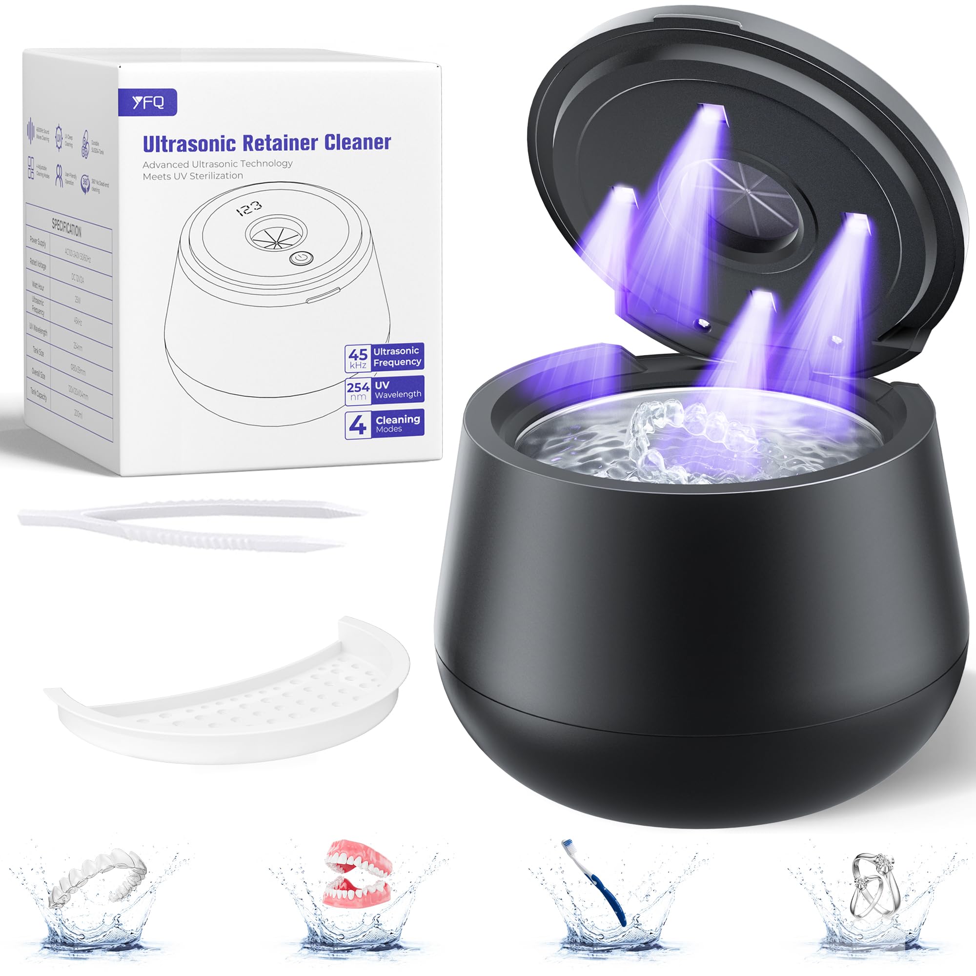 45kHz Ultrasonic Retainer Cleaner, 200ML Dental Cleaning Pod for Dentures, Mouth Guards, Braces, Aligner, Toothbrush Jewelry and More, UV Denture Cleaner with 4 Modes & Digital Timer-image-11