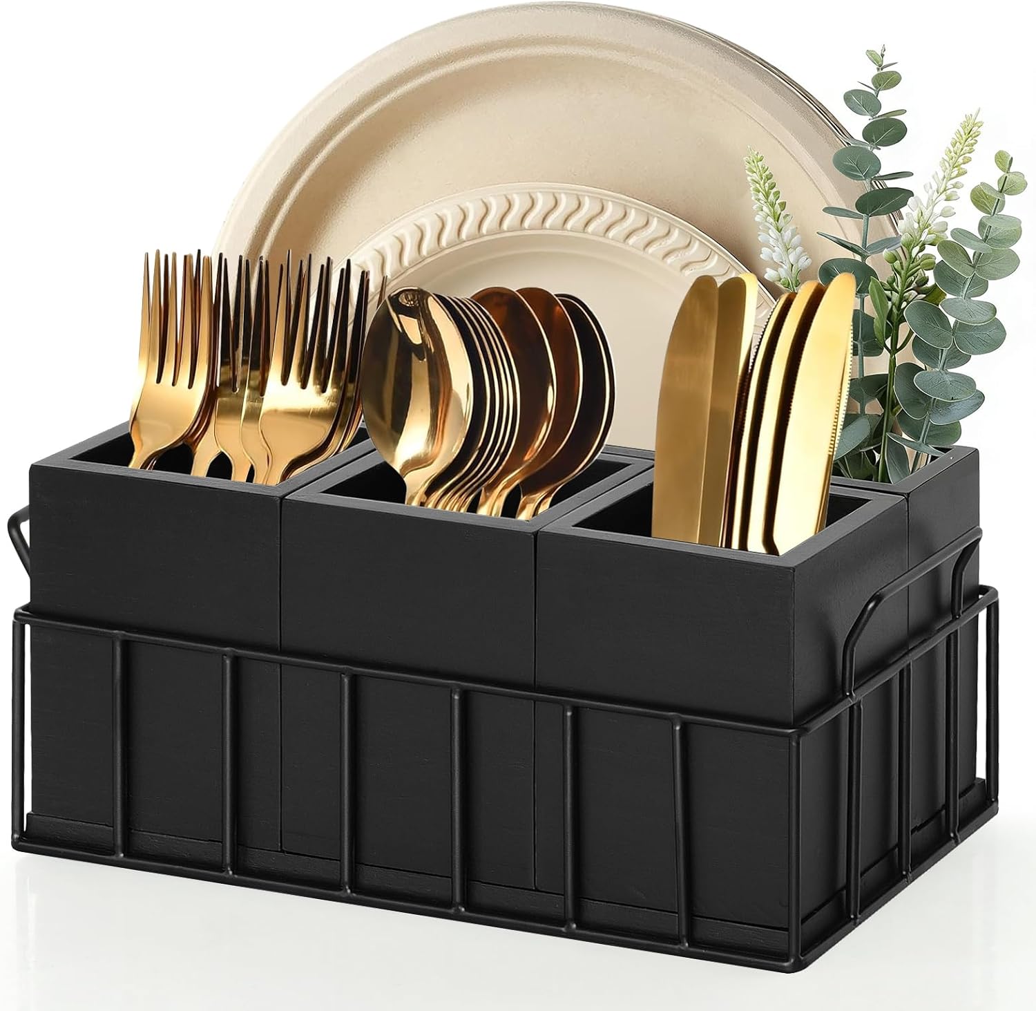 Silverware Holder for Party, Acacia Utensil Holder with 4 Removable Compartments for Countertop, Silverware Caddy Flatware Organizer Box for Utensil Spoons Forks Plate Napkin, Detachable Sevring Caddy