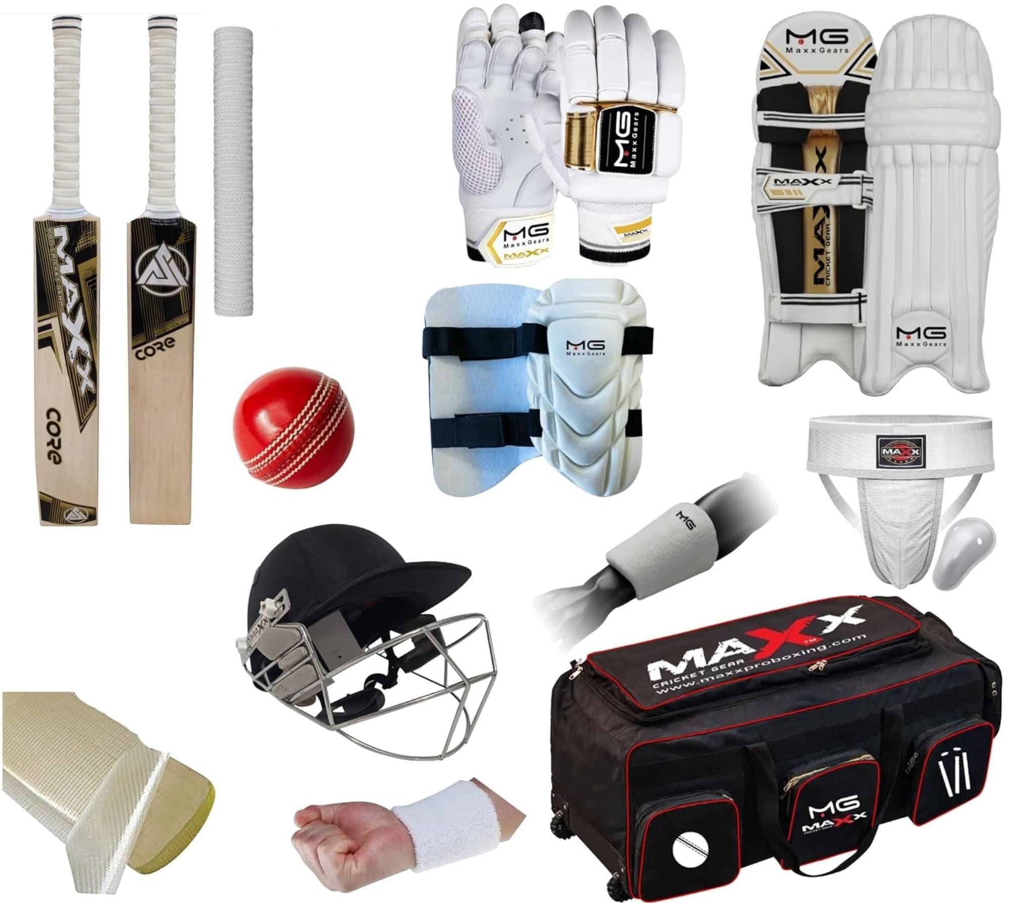 MAXX Pro Boxing Gear Cricket Set 13pcs Leg Pads Bating Gloves 2 Kit Bag styles left or right handed quality Bat 2.9-2.16LB (13PCS SET RIGHT HAND WITH WHEEL BAG, 2.9 LB)