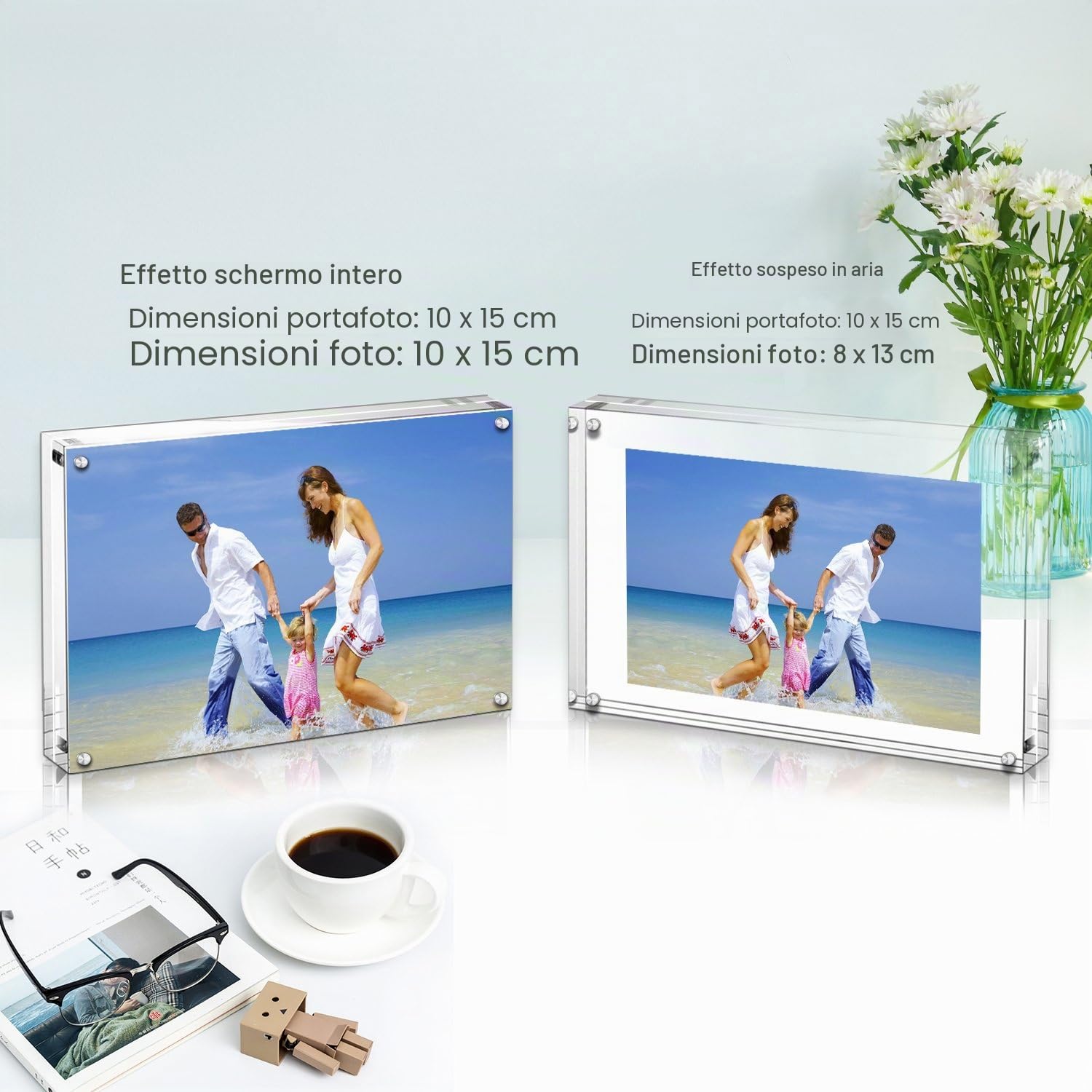 AMEITECH Cornice per foto in acrilico, 10 x 15 cm, confezione da 5 espositori magnetici su entrambi i lati, cornici trasparenti da tavolo con design verticale o orizzontale