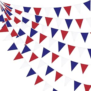 32Ft Red Blue White Banner Party Decorations Fabric Pennant Triangle Flag Bunting Garland for Patriotic 4th of July USA Independence Day Graduation Wedding Outdoor Decor