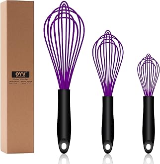 Dishwasher Safe Silicone Whisk, Sealed Waterproof Design Set of 3, Professional Kitchen Whisks for Cooking Non-Scratch, Silicone & Stainless Steel Whisk, Heat Resistant Balloon Egg Beater, Purple