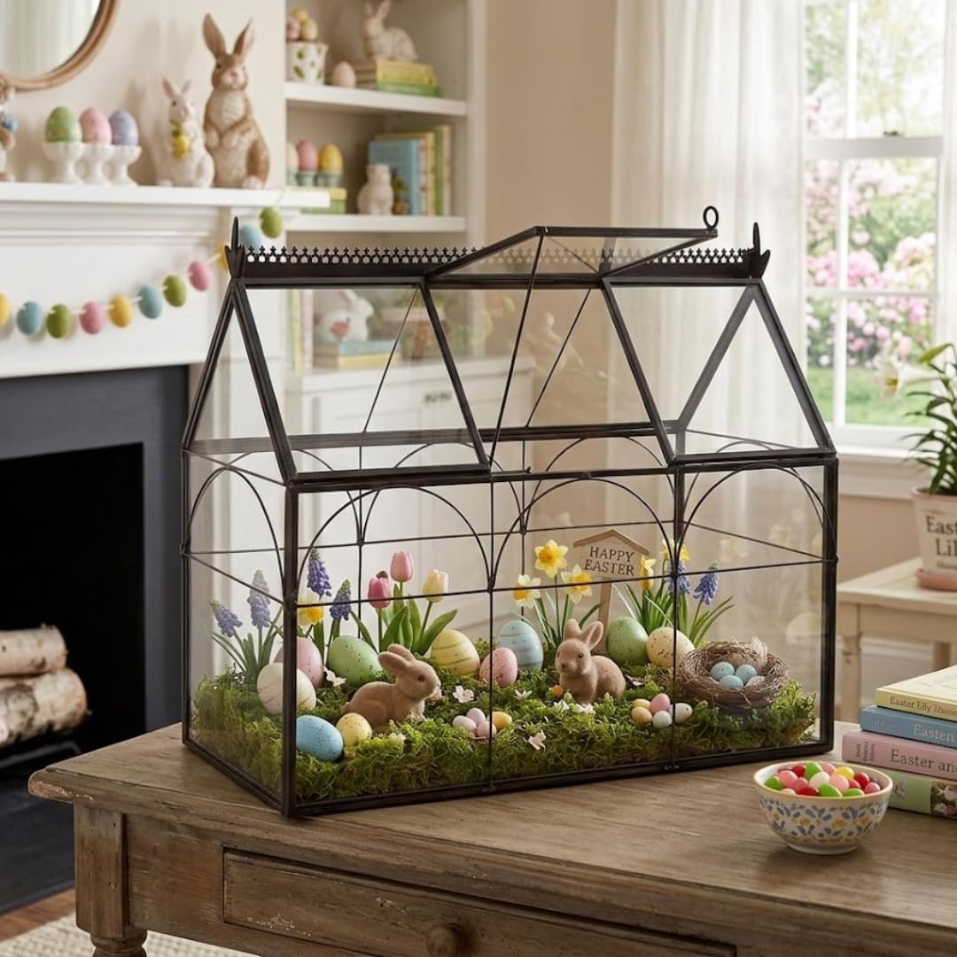 D'Eco Glass Greenhouse Centerpiece (10x4.5x9)- Spring Easter Home Decor - Tabletop Geometric Planter Terrarium - Fill with Succulents, Moss, Colorful Eggs, Bunny Rabbits, Grass - Gift for Plant Lovers