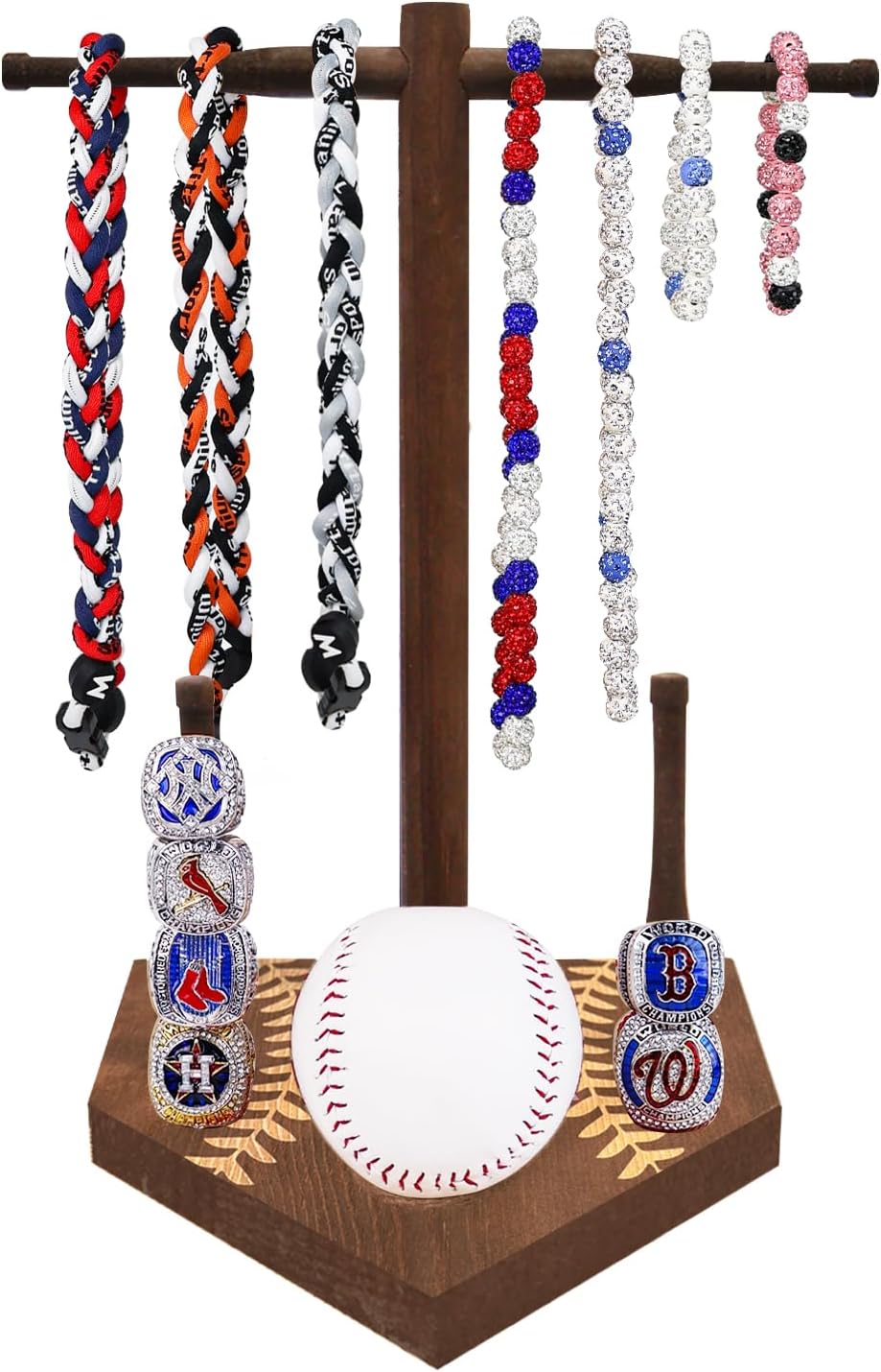 rain bunny Wooden Baseball or Softball Drip Necklace Organizer Holder, Baseball Ball Display Stand, Championship Ring Display Holder, Sports Ring Holder, Necklace Baseball Display Gift (Natural)