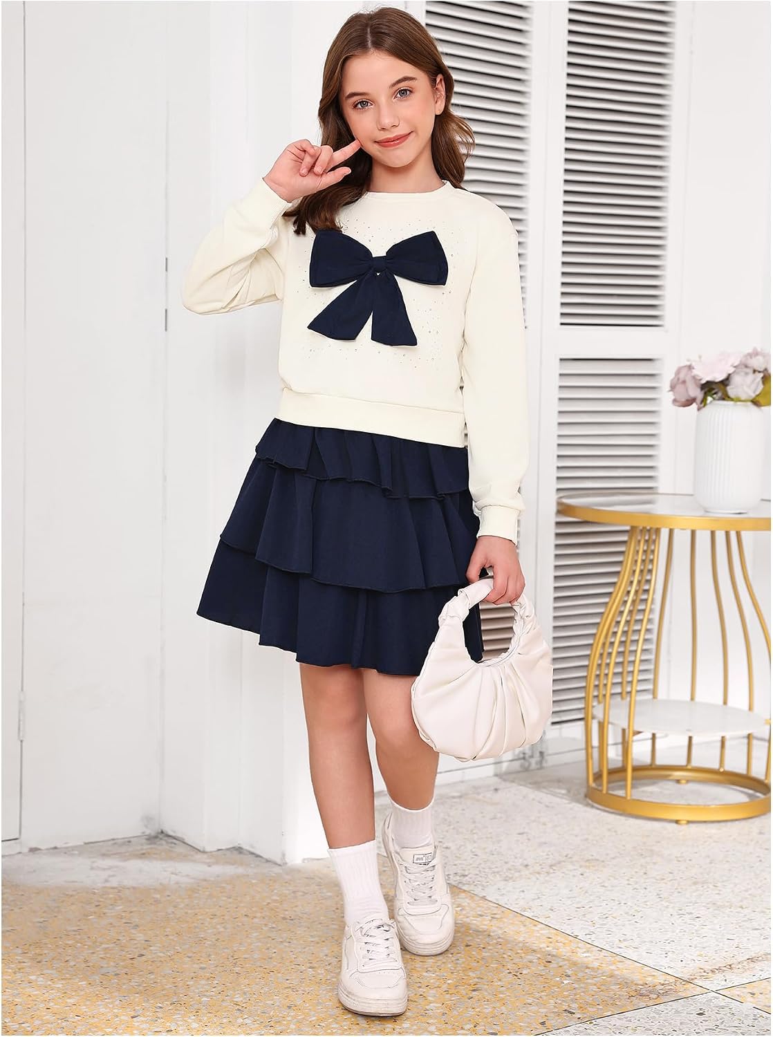 OYOANGLE Girl's Cute 2 Piece Outfits Long Sleeve Bow Sweatshirts and Layered Ruffle Short Skirt Sets