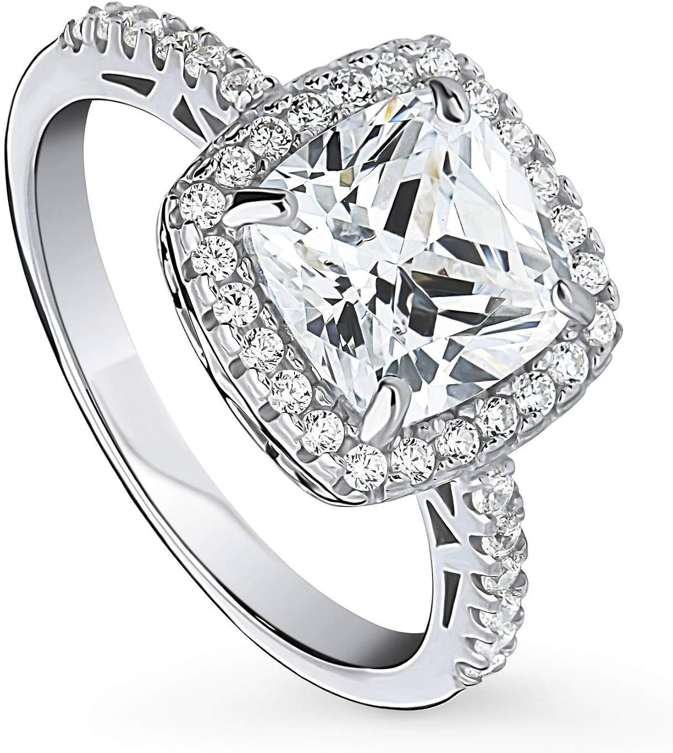 BERRICLE Rhodium Plated Sterling Silver Cushion Cut Cubic Zirconia CZ Halo Promise Wedding Engagement Ring 3.4 CTW | 