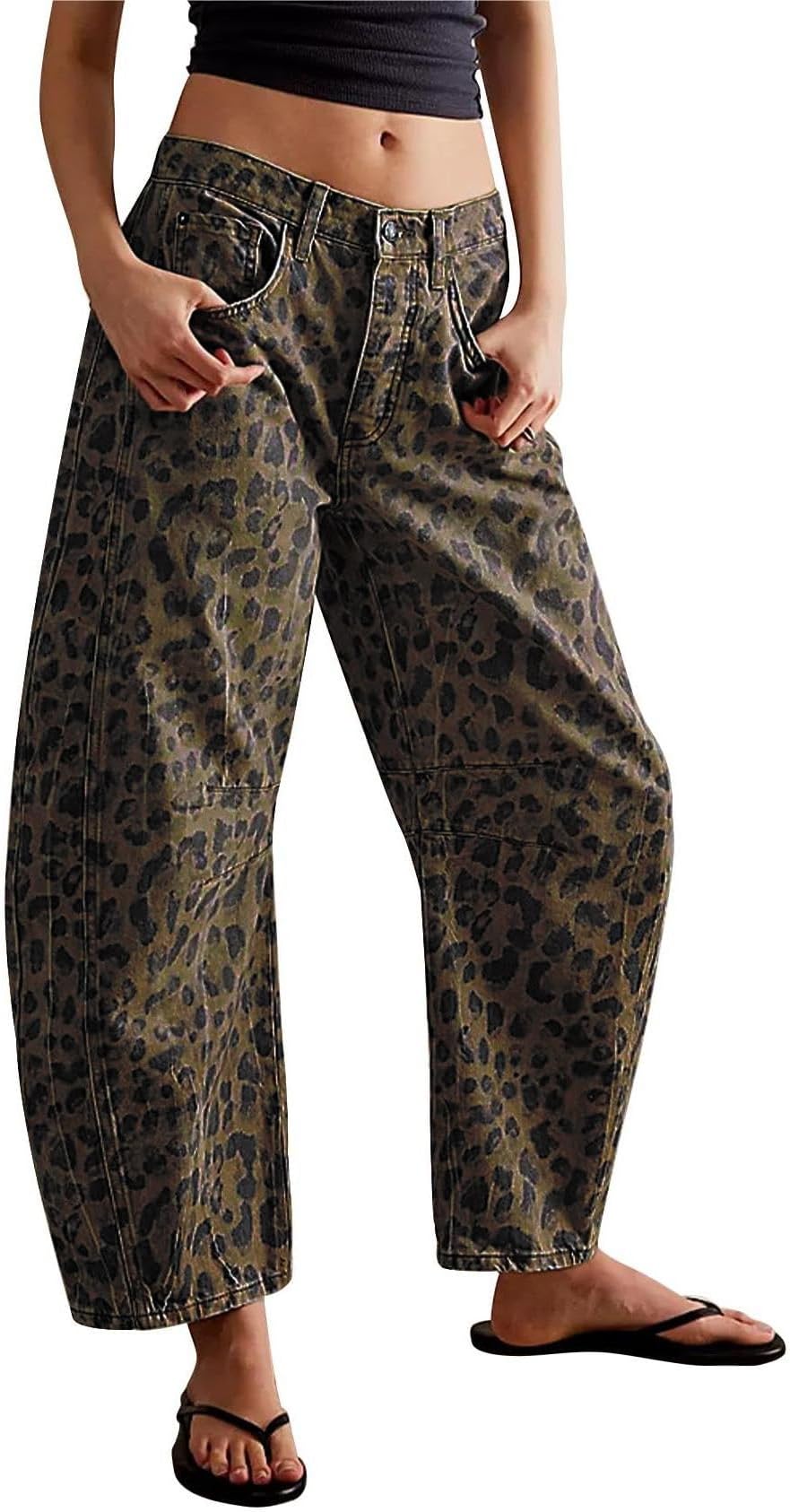 Women's Wide Leg Cropped Baggy Y2k Mid Rise Jeans - Boyfriend Harem Denim Pants