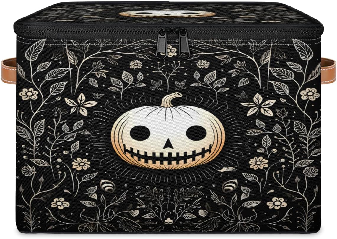 Storage Bin Set of 2 Pumpkin Skull Storage Basket with Zipper Lid & Handle Foldable Closet Shelf 2 Pack Cloth Organizer Basket Cube Bins Clothes Organizer for Bedroom, Nursery