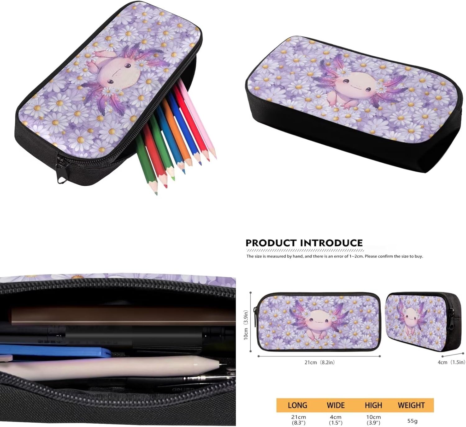 Daisy Axolotl Backpack for Girls Kids Backpack with Lunch Box Water Bottle Sling Bag and Large Pencil Case 4Pcs Set 17" Bookbag with Compartments for School Lightweight Elementary School Bag