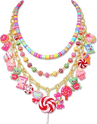 Candy Layered Necklaces for Women Novelty Colorful Beads Lollipop Sweet Candy Bear Ice Cream Dessert Cake Pendant Choker Necklace for Birthday Halloween Holiday Party Jewelry Gift