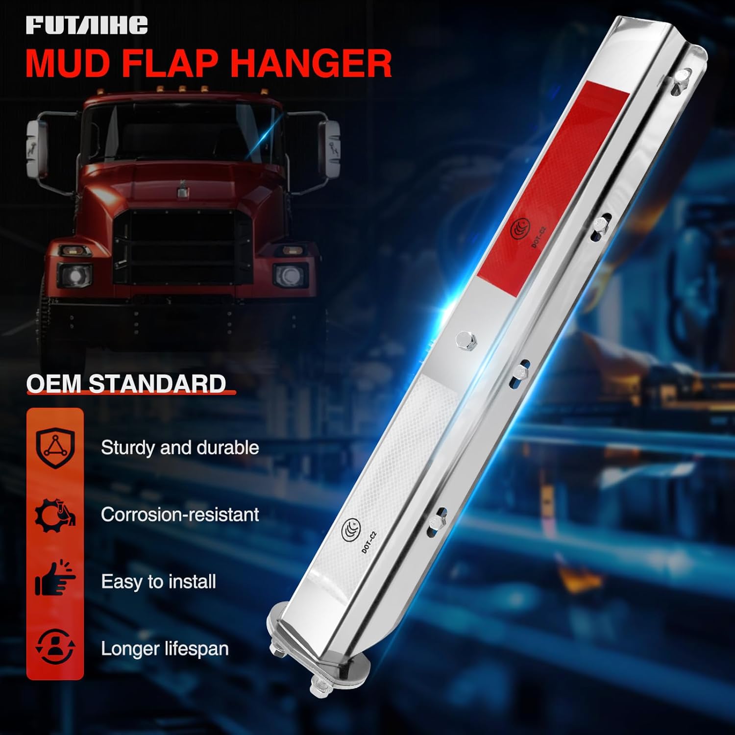 Straight Spring Loaded Mud Flap Hanger Bracket Set 2-1/2" Bolt Spacing 29.5" Length Fit With Aluminum Reflective Tapes For Semi Trucks, 2 Pcs